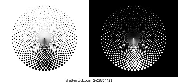 Modern abstract background. Halftone dots in circle form. Round logo. Vector dotted frame. Design element or icon. Black shape on a white background and the same white shape on the black side.