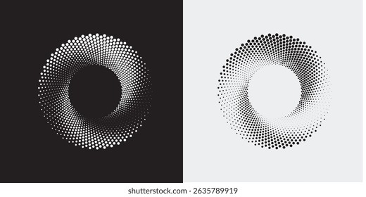 Modern abstract background. Halftone dots in circle form. Spiral logo, icon or design element. Black dots on a white background and white dots on the black side modern dotted