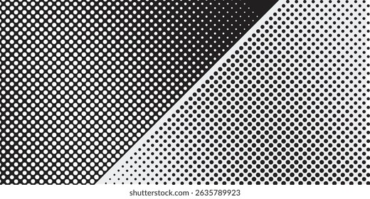 Modern abstract background. Halftone dots in circle form. Spiral logo, icon or design element. Black dots on a white background and white dots on the black side modern dotted