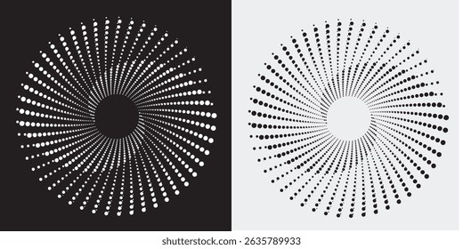 Modern abstract background. Halftone dots in circle form. Spiral logo, icon or design element. Black dots on a white background and white dots on the black side modern dotted