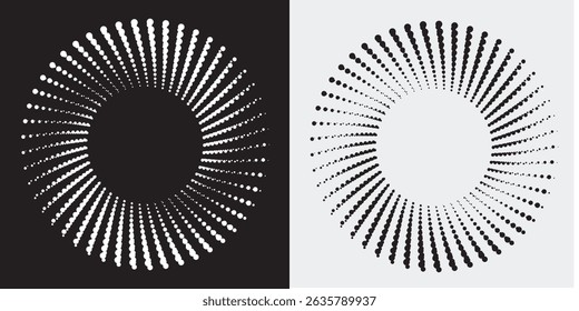 Fondo abstracto moderno. Puntos semitonos en forma de círculo. Logotipo espiral, icono o elemento de diseño. Puntos negros sobre un fondo blanco y puntos blancos en el lado negro moderno punteado