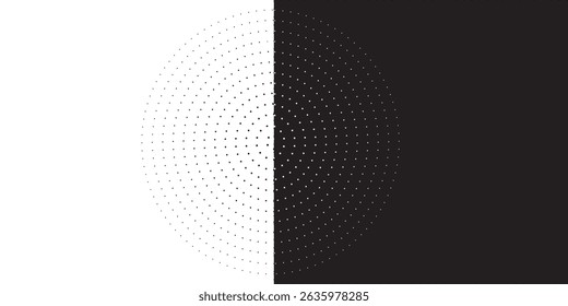 Fundo abstrato moderno. Pontos de meio-tom em forma de círculo. Logotipo espiral, ícone ou elemento de design. Pontos pretos em um fundo branco e pontos brancos no lado preto.