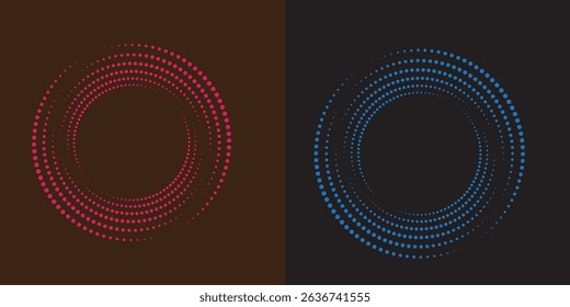 Modern abstract background. Halftone dots in circle form. Spiral logo, icon or design element. Black dots on a white background and white dots on the black side.