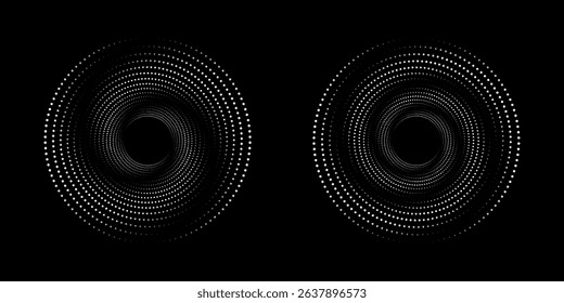 Modern abstract background. Halftone dots in circle form. Spiral logo, icon or design element. Black dots on a white background and white dots on the black side.