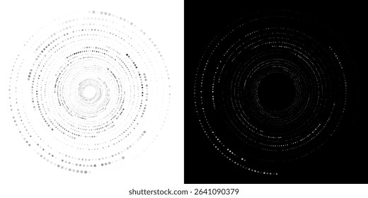 Modern abstract background. Halftone dots in circle form. Spiral logo, icon or design element. Black dots on a white background and white dots on the black side. modern