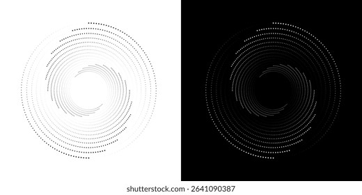 Modern abstract background. Halftone dots in circle form. Spiral logo, icon or design element. Black dots on a white background and white dots on the black side. modern