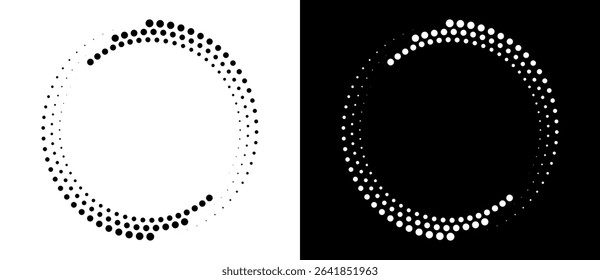 Modern abstract background. Halftone dots in circle form. Round logo. Vector dotted frame. Design element or icon. Black shape on a white background and the same white shape on the black side.