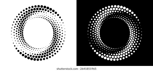 Modern abstract background. Halftone dots in circle form. Round logo. Vector dotted frame. Design element or icon. Black shape on a white background and the same white shape on the black side.