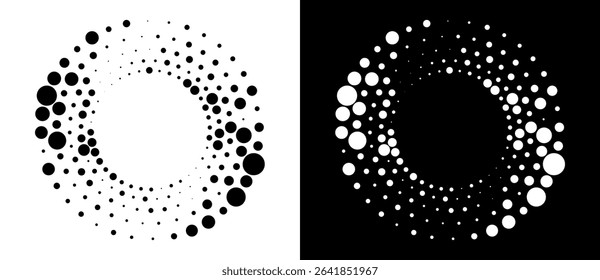 Modern abstract background. Halftone dots in circle form. Round logo. Vector dotted frame. Design element or icon. Black shape on a white background and the same white shape on the black side.