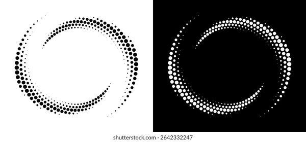 Modern abstract background. Halftone dots in circle form. Round logo. Vector dotted frame. Design element or icon. Black shape on a white background and the same white shape on the black side.