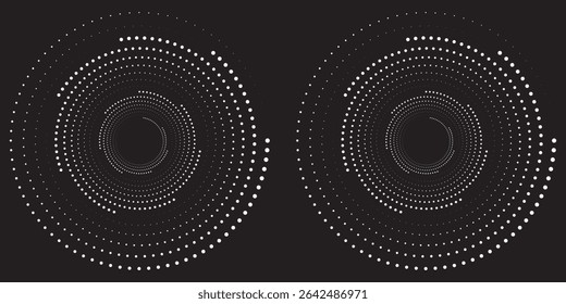 Moderner abstrakter Hintergrund. Rasterpunkte in Kreisform. Spirallogo, -symbol oder -design. Schwarze Punkte auf weißem Hintergrund und weiße Punkte auf der schwarzen Seite.