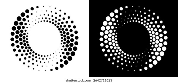 Modern abstract background. Halftone dots in circle form. Round logo. Vector dotted frame. Design element or icon. Black shape on a white background and the same white shape on the black side.