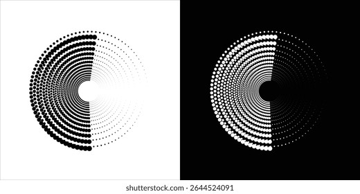 Fondo abstracto moderno. Puntos semitonos en forma de círculo. Logotipo espiral, icono o elemento de diseño. Puntos negros sobre un fondo blanco y puntos blancos modernos