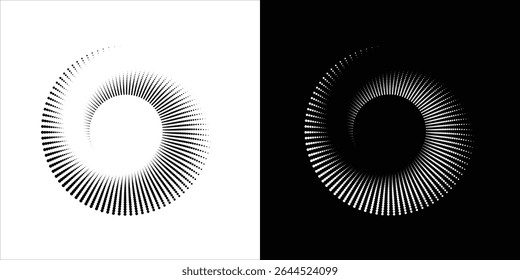 Modern abstract background. Halftone dots in circle form. Spiral logo, icon or design element. Black dots on a white background and white dots modern