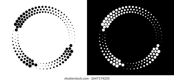 Modern abstract background. Halftone dots in circle form. Round logo. Vector dotted frame. Design element or icon. Black shape on a white background and the same white shape on the black side.