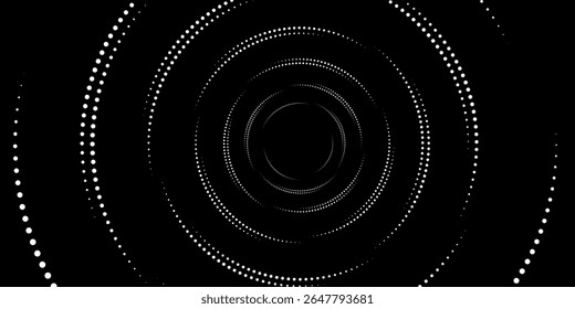 Modern abstract background. Halftone dots in circle shape. Spiral logo, icon or design element. White dots on black side.