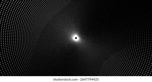 Modern abstract background. Halftone dots in circle shape. Spiral logo, icon or design element. White dots on black side.