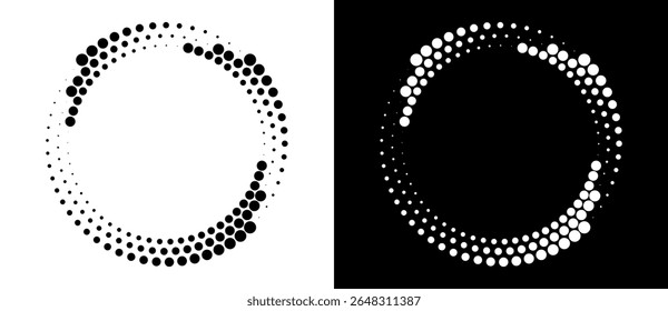 Modern abstract background. Halftone dots in circle form. Round logo. Vector dotted frame. Design element or icon. Black shape on a white background and the same white shape on the black side.