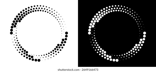 Modern abstract background. Halftone dots in circle form. Round logo. Vector dotted frame. Design element or icon. Black shape on a white background and the same white shape on the black side.
