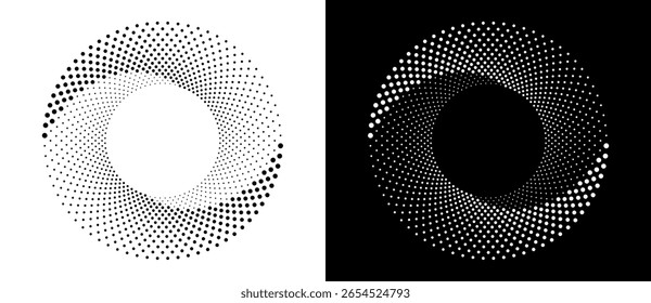 Modern abstract background. Halftone dots in circle form. Round logo. Vector dotted frame. Design element or icon, logo. Black shape on a white background and the same white shape on the black side.