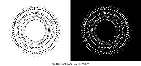 Moderner abstrakter Hintergrund. Rasterpunkte in Kreisform. Rundes Logo. Punktierter Vektorrahmen. Design-Element oder -Symbol, Logo. Schwarze Form auf weißem Hintergrund und die gleiche weiße Form auf der schwarzen Seite.