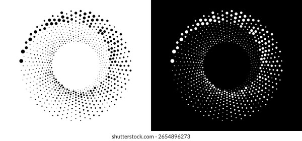 Modern abstract background. Halftone dots in circle form. Round logo. Vector dotted frame. Design element or icon, logo. Black shape on a white background and the same white shape on the black side.