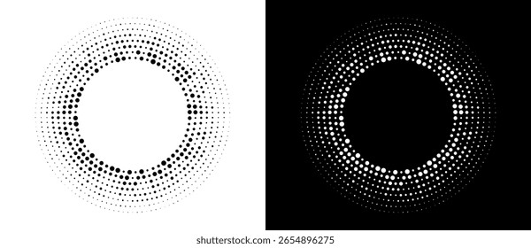Fundo abstrato moderno. Pontos de meio-tom em forma de círculo. Logotipo redondo. Quadro pontilhado vetorial. Elemento ou ícone de design, logotipo. Forma preta em um plano de fundo branco e a mesma forma branca no lado preto.