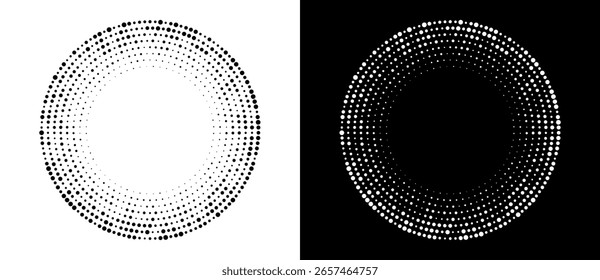 Modern abstract background. Halftone dots in circle form. Round logo. Vector dotted frame. Design element or icon, logo. Black shape on a white background and the same white shape on the black side.