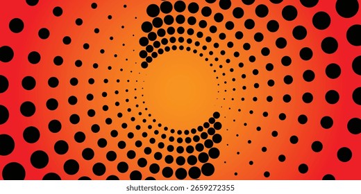 Modern abstract background. Halftone dots in circle form. Spiral logo, icon or design element. Black dots on a orange background and orange dots on the black side.