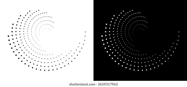 Moderner abstrakter Hintergrund. Rasterpunkte in Kreisform. Runde Logo, Design-Element oder Symbol. Punktierter Vektorrahmen. Eine schwarze Figur auf weißem Hintergrund und eine ebenso weiße Figur auf der schwarzen Seite.