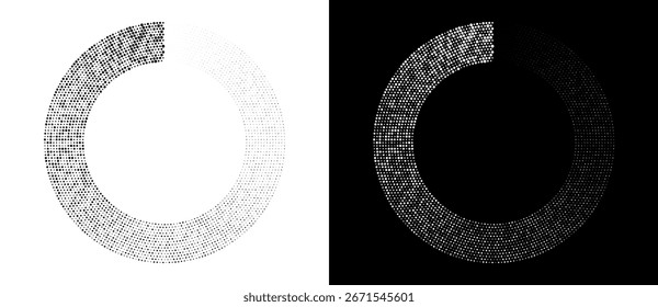 Modern abstract background. Halftone dots in spiral form. Round logo, design element or icon. Vector dotted frame. A black figure on a white background and an equally white figure on the black side.