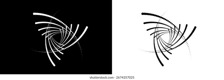 Fondo abstracto moderno. Puntos semitonos en forma de círculo. Logotipo espiral, icono o elemento de diseño. Puntos negros sobre un fondo blanco y puntos blancos en el lado negro.