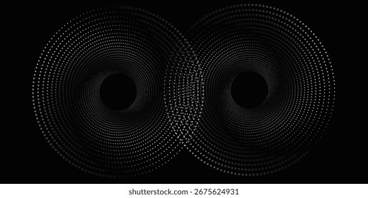 Fondo abstracto moderno. Puntos semitonos en forma de círculo. Logotipo espiral, icono o elemento de diseño. Puntos negros sobre un fondo blanco y puntos blancos en el lado negro.