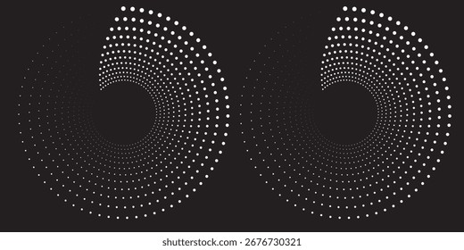 Fondo abstracto moderno. Puntos semitonos en forma de círculo. Logotipo espiral, icono o elemento de diseño. Puntos negros sobre un fondo blanco y puntos blancos en el lado negro.