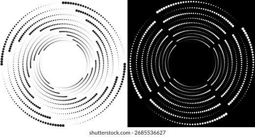 Modern abstract background. Halftone dots in circle form. Letter C like logo, icon or design element. Black dots on a white background and white dots on the black side.