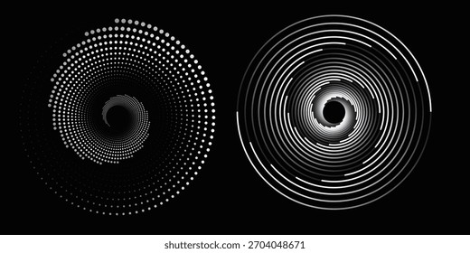 Fondo abstracto moderno. Puntos semitonos en forma de círculo. Logotipo espiral, icono o elemento de diseño. Puntos negros sobre un fondo blanco y puntos blancos en el lado negro.