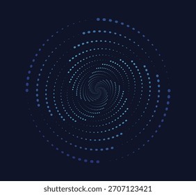 Fundo abstrato moderno. Pontos de meio-tom em forma de círculo. Logotipo redondo. Quadro pontilhado vetorial.  Quadro pontilhado vetorial.  Forma azul no plano de fundo preto.