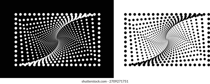 Fundo abstrato moderno. Pontos de meio-tom em forma de retângulo. Elemento ou ícone de design, logotipo. Forma preta em um plano de fundo branco e a mesma forma branca no lado preto. Vetor isolado .