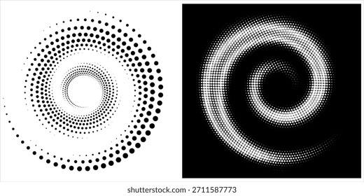Moderner abstrakter Hintergrund. Rasterpunkte in Kreisform. Spirallogo, -symbol oder -design. Schwarze Punkte auf weißem Hintergrund und weiße Punkte auf der schwarzen Seite.