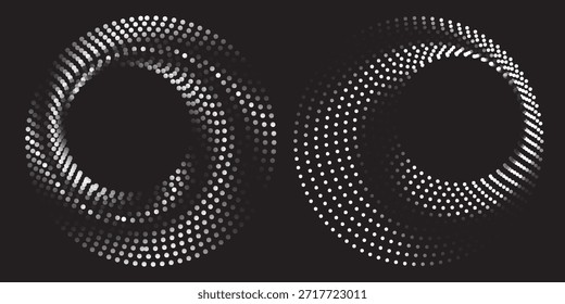 Fondo abstracto moderno. Puntos semitonos en forma de círculo. Logotipo espiral, icono o elemento de diseño. Puntos negros sobre un fondo blanco y puntos blancos en el lado negro.