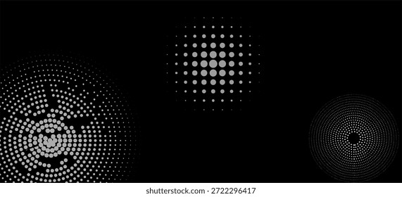 Moderner abstrakter Hintergrund. Rasterpunkte in Kreisform. Spirallogo, -symbol oder -design. Schwarze Punkte auf weißem Hintergrund und weiße Punkte auf der schwarzen Seite.