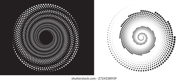 Moderner abstrakter Hintergrund. Rasterpunkte in Kreisform. Spirallogo, -symbol oder -design. Schwarze Punkte auf weißem Hintergrund und weiße Punkte auf der schwarzen Seite.