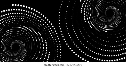 Fondo abstracto moderno. Puntos semitonos en forma de círculo. Logotipo espiral, icono o elemento de diseño. Puntos negros sobre un fondo blanco y puntos blancos en el lado negro.


