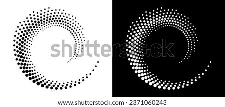 Modern abstract background. Halftone dots in circle form. Round logo. Vector dotted frame. Design element or icon. Black shape on a white background and the same white shape on the black side.