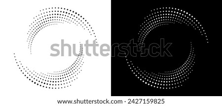 Modern abstract background. Halftone dots in circle form. Spiral logo, icon or design element. Black dots on a white background and white dots on the black side.