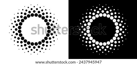 Modern abstract background. Halftone dots in circle form. Spiral logo, icon or design element. Black dots on a white background and white dots on the black side.