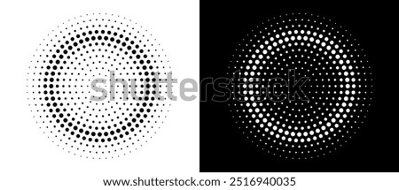Modern abstract background. Halftone dots in circle form. Round logo. Vector dotted frame. Design element or icon. Black shape on a white background and the same white shape on the black side.