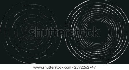 Modern abstract background. Halftone dots in circle form. Spiral logo, icon or design element. Black dots on a white background and white dots on the black side