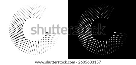 Modern abstract background. Halftone dots in circle form. Letter C like logo, icon or design element. Black dots on a white background and white dots on the black side.