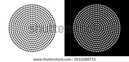 Modern abstract background. Halftone dots in circle form. Round logo, design element or icon. Vector dotted frame. A black figure on a white background and an equally white figure on the black side.